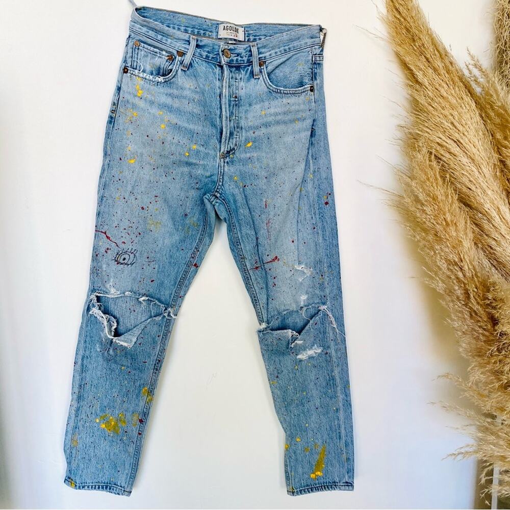 AGOLDE REVOLVE Jamie Light Blue Custom Paint High Rise Straight Leg Mom Jeans 26